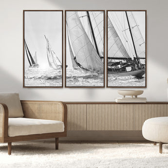 Boat-1-MGV-CV-36X24-Sailboat Racing Wall Art – Nautical Black and White Canvas Print, Ocean Adventure Decor for Office, Living Room or Bedroom
