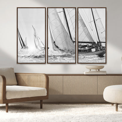 Boat-1-MGV-CV-36X24-Sailboat Racing Wall Art – Nautical Black and White Canvas Print, Ocean Adventure Decor for Office, Living Room or Bedroom