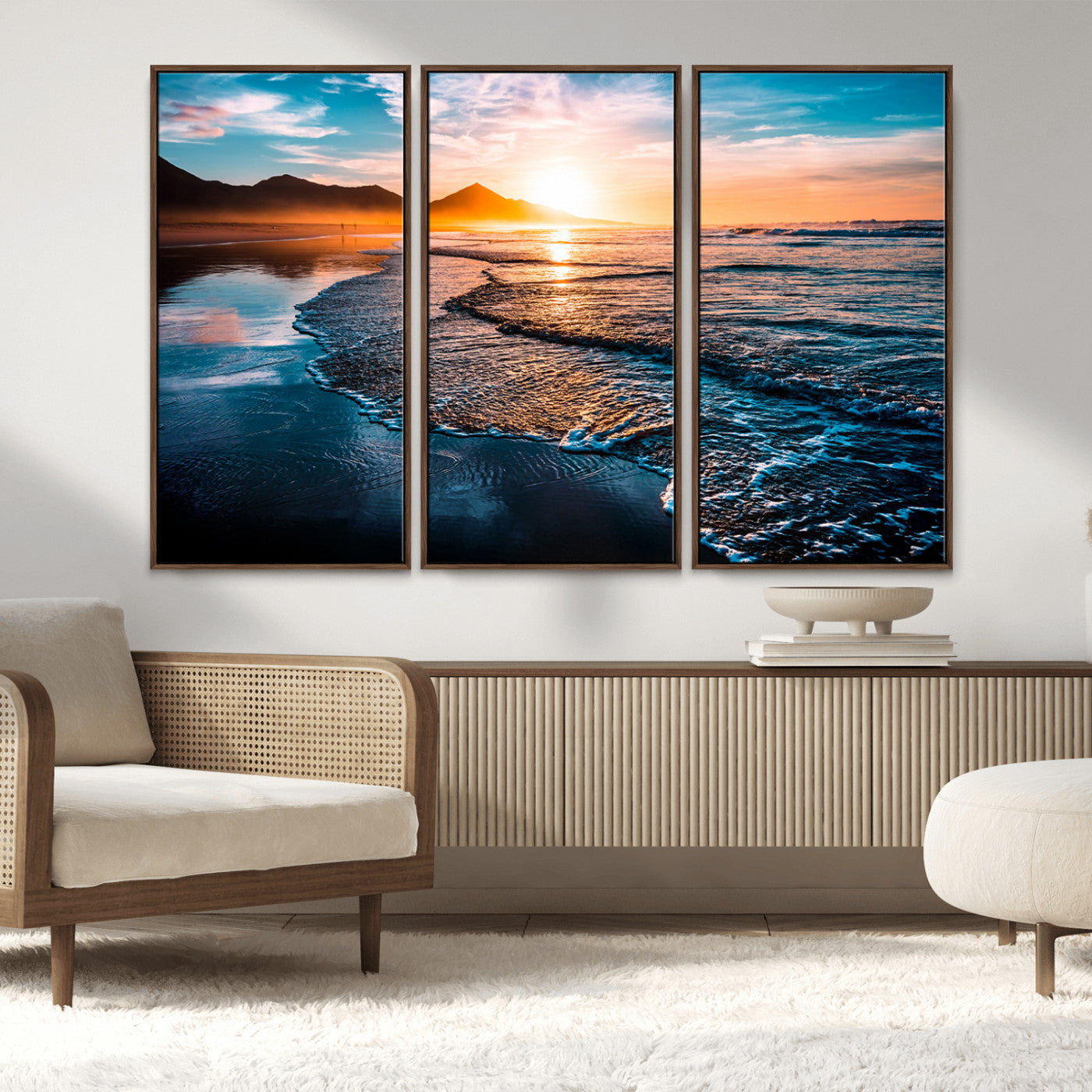 26494-MGV-FC-48X32-3P_Walnut-Ocean Sunset Wall Art – Scenic Beach Canvas Print with Waves and Mountains, Coastal Seascape Photography for Living Room, Bedroom