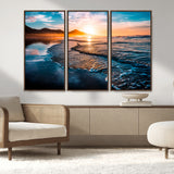 26494-MGV-FC-48X32-3P_Walnut-Ocean Sunset Wall Art – Scenic Beach Canvas Print with Waves and Mountains, Coastal Seascape Photography for Living Room, Bedroom
