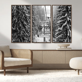 19240-MGV-FC-48X32-3P_Walnut-Ski Lift Wall Art – Black and White Winter Mountain Canvas Print, Snowy Forest Ski Resort Photography for Cabin, Lodge, Office or