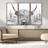94579-MGV-CV-36X24-Highland Cow Wall Art – Black and White Longhorn Canvas Print, Rustic Western Farmhouse Animal Photography for Living Room,
