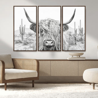 94579-MGV-CV-36X24-Highland Cow Wall Art – Black and White Longhorn Canvas Print, Rustic Western Farmhouse Animal Photography for Living Room,