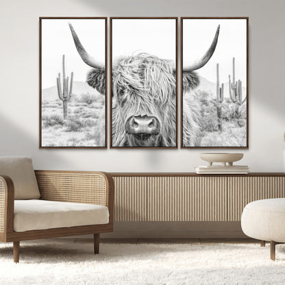 94579-MGV-CV-36X24-Highland Cow Wall Art – Black and White Longhorn Canvas Print, Rustic Western Farmhouse Animal Photography for Living Room,