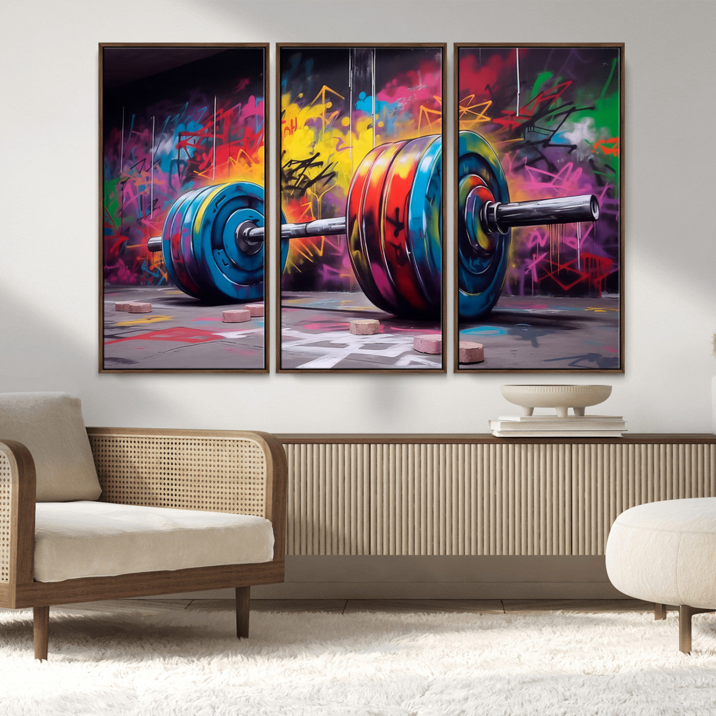 13549-MGV-FC-48X32-3P_Walnut-Graffiti Gym Wall Art Canvas Print, Framed Graffiti Barbell Art Picture Print, Weightlifting Perfect Fitness Studio Decor Artwork