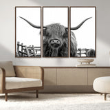 58188-MGV-FC-48X32-3P_Walnut-Highland Cow Wall Art – Black and White Rustic Farmhouse Canvas Print, Longhorn Cattle Photography Decor for Living Room or