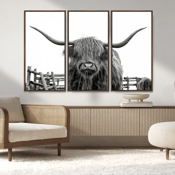 58188-MGV-FC-48X32-3P_Walnut-Highland Cow Wall Art – Black and White Rustic Farmhouse Canvas Print, Longhorn Cattle Photography Decor for Living Room or