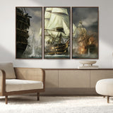 26512-MGV-FC-48X32-3P_Walnut-Naval Battle Wall Art – Dramatic Tall Ship Canvas Print, Historic Pirate Sailing War Scene, Nautical Decor for Office, Study or