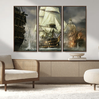 26512-MGV-FC-48X32-3P_Walnut-Naval Battle Wall Art – Dramatic Tall Ship Canvas Print, Historic Pirate Sailing War Scene, Nautical Decor for Office, Study or
