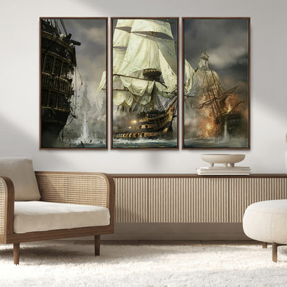 26512-MGV-FC-48X32-3P_Walnut-Naval Battle Wall Art – Dramatic Tall Ship Canvas Print, Historic Pirate Sailing War Scene, Nautical Decor for Office, Study or