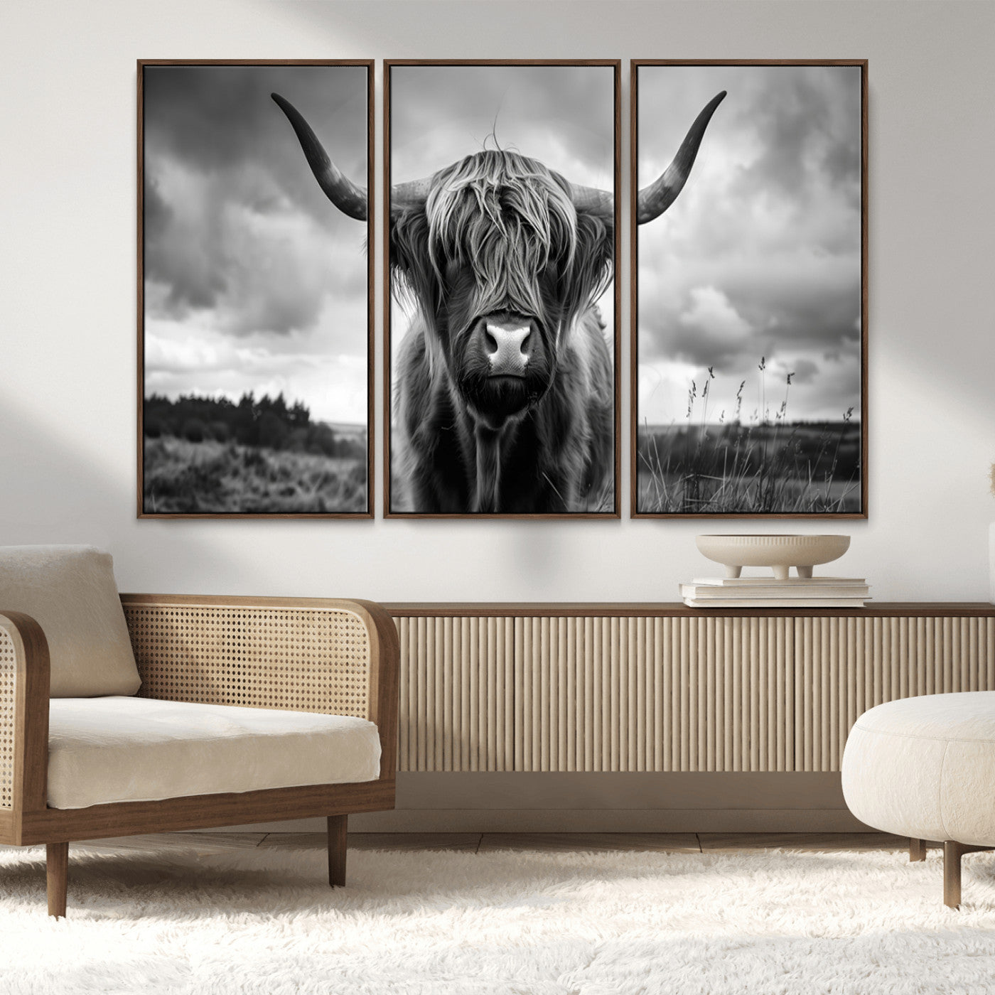 17924-MGV-FC-48X32-3P_Walnut-Highland Cow Wall Art – Black and White Rustic Longhorn Cattle Canvas Print, Farmhouse Animal Photography Decor for Country Home