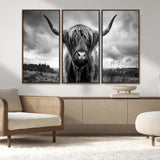17924-MGV-FC-48X32-3P_Walnut-Highland Cow Wall Art – Black and White Rustic Longhorn Cattle Canvas Print, Farmhouse Animal Photography Decor for Country Home