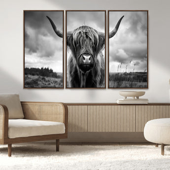 17924-MGV-FC-48X32-3P_Walnut-Highland Cow Wall Art – Black and White Rustic Longhorn Cattle Canvas Print, Farmhouse Animal Photography Decor for Country Home