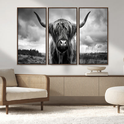 17924-MGV-FC-48X32-3P_Walnut-Highland Cow Wall Art – Black and White Rustic Longhorn Cattle Canvas Print, Farmhouse Animal Photography Decor for Country Home