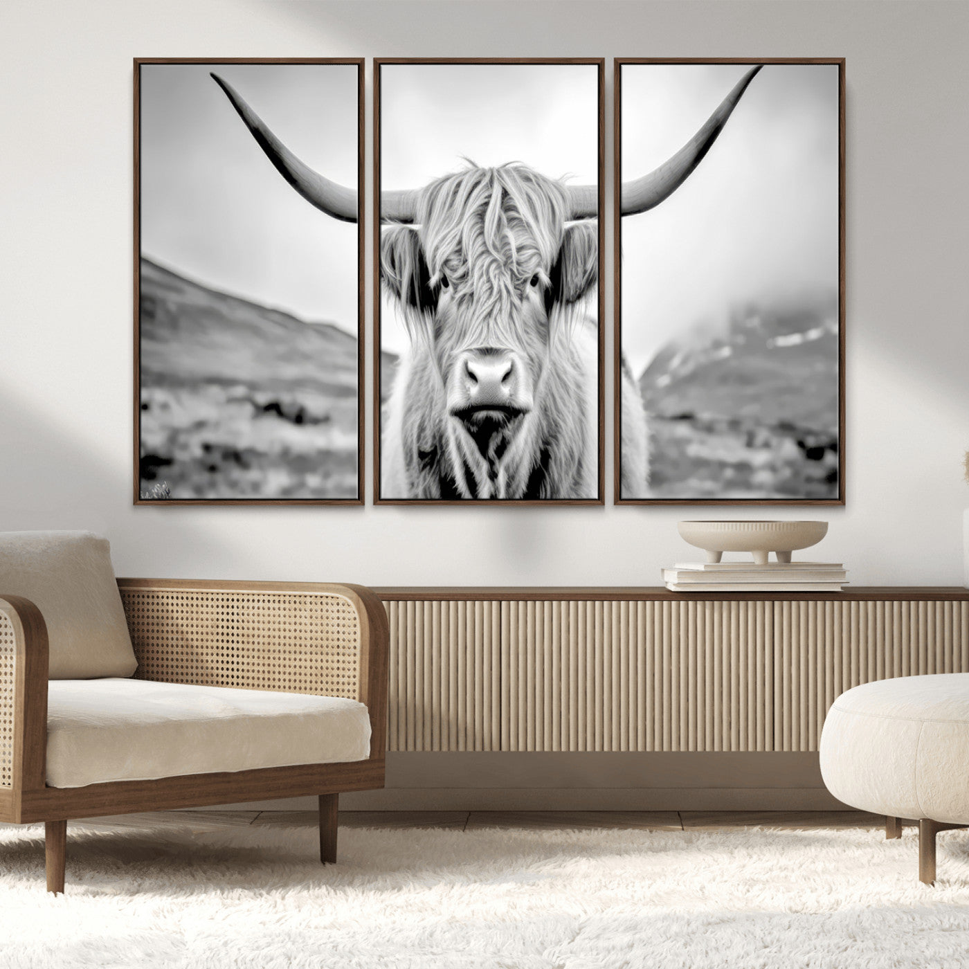 80564-MGV-CV-36X24-Highland Cow Wall Art – Black and White Scottish Highland Canvas Print, Rustic Farmhouse Decor for Living Room, Bedroom or Office