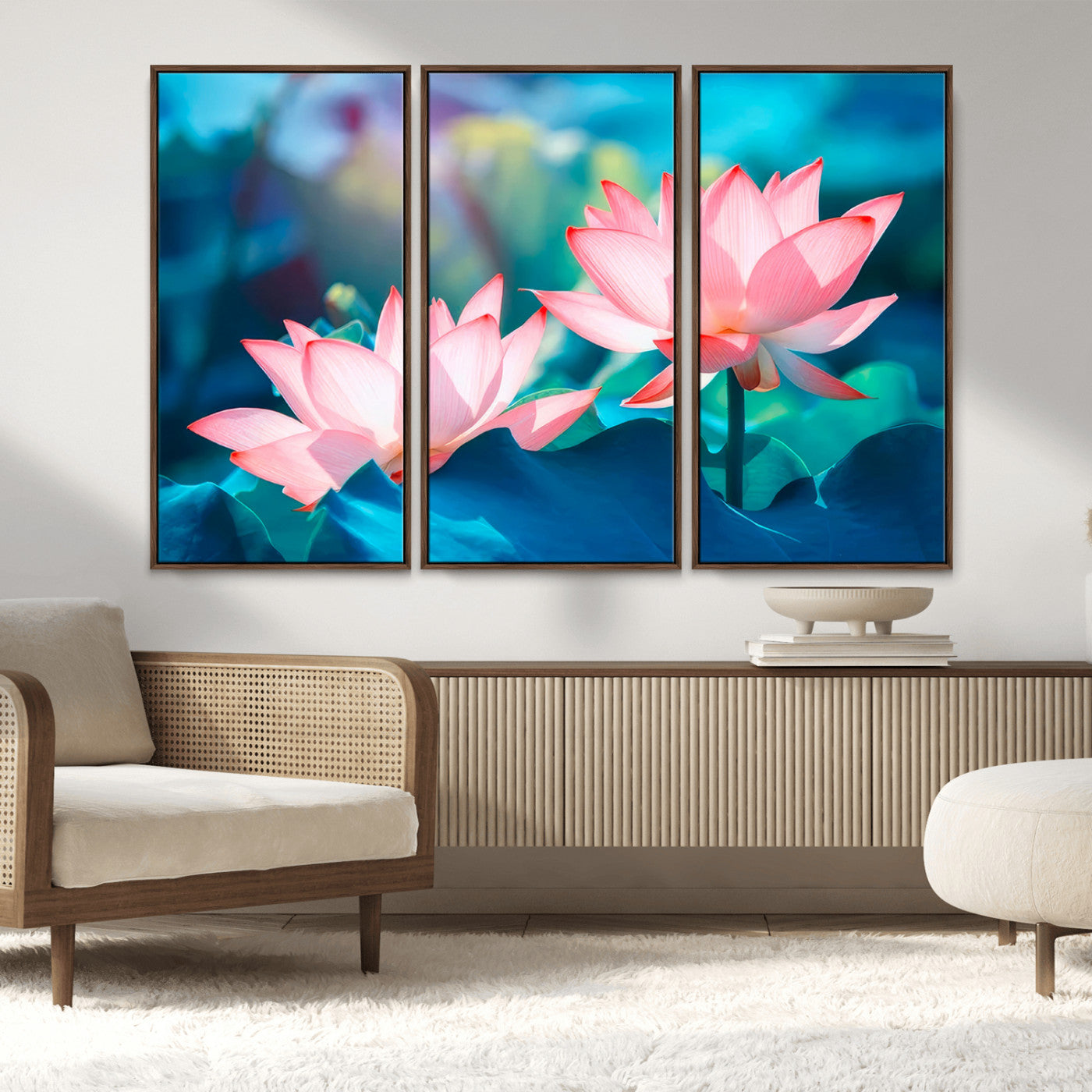 32559-MGV-FC-48X32-3P_Walnut-Lotus Flower Wall Art – Pink Water Lily Canvas Print, Tranquil Nature Decor for Living Room, Bedroom or Meditation Space