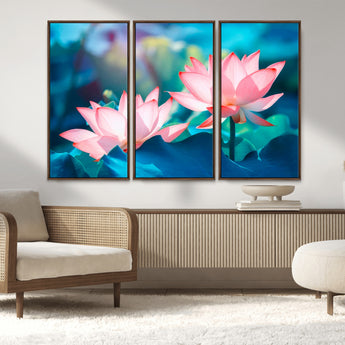 32559-MGV-FC-48X32-3P_Walnut-Lotus Flower Wall Art – Pink Water Lily Canvas Print, Tranquil Nature Decor for Living Room, Bedroom or Meditation Space