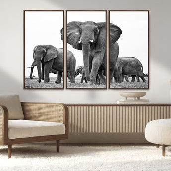 91685-MGV-FC-48X32-3P_Walnut-Elephant Herd Wall Art – Black and White Safari Canvas Print, African Wildlife Photography Decor for Living Room, Office or