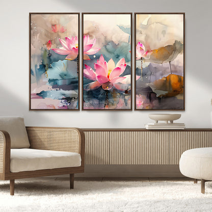 27936-MGV-CV-36X24-Lotus Pond Wall Art – Watercolor Pink Lotus Flowers Canvas Print, Tranquil Botanical Artwork for Bedroom, Living Room or