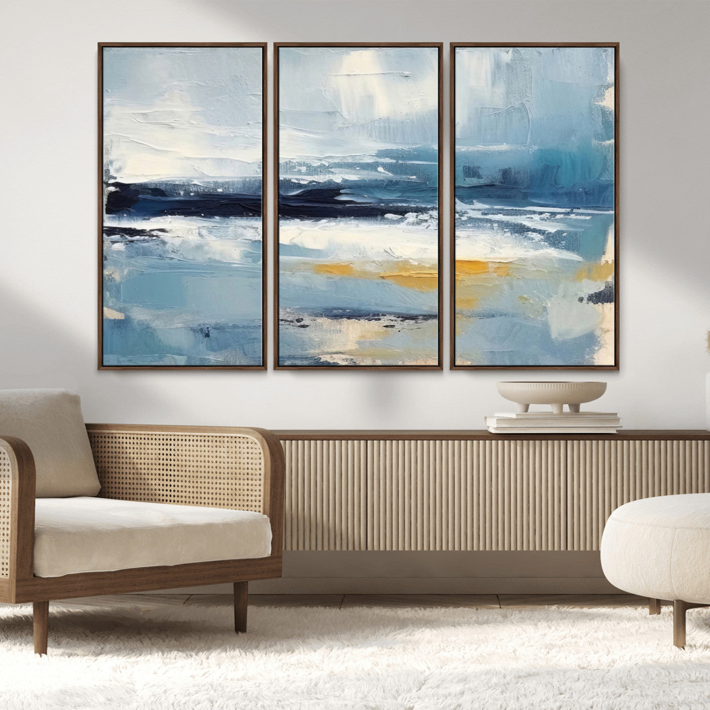 19746-MGV-FC-48X32-3P_Walnut-Abstract Ocean Wall Art – Modern Coastal Canvas Print with Blue, White and Gold Textures, Contemporary Seascape Painting for