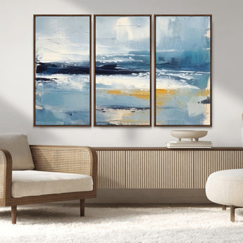 19746-MGV-FC-48X32-3P_Walnut-Abstract Ocean Wall Art – Modern Coastal Canvas Print with Blue, White and Gold Textures, Contemporary Seascape Painting for