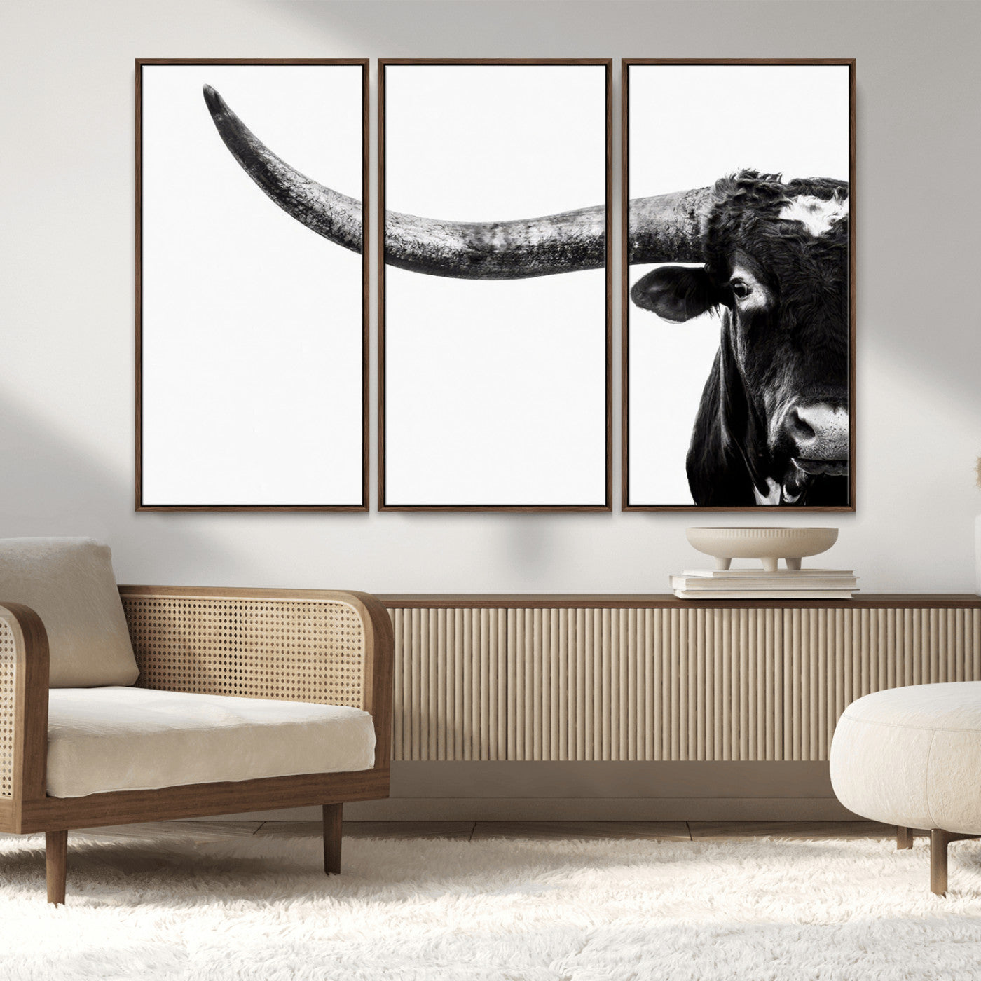 31699-MGV-FC-48X32-3P_Walnut-Longhorn Wall Art – Black and White Texas Longhorn Cow Canvas Print, Rustic Western Farmhouse Artwork for Living Room, Bedroom or