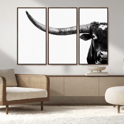 31699-MGV-FC-48X32-3P_Walnut-Longhorn Wall Art – Black and White Texas Longhorn Cow Canvas Print, Rustic Western Farmhouse Artwork for Living Room, Bedroom or