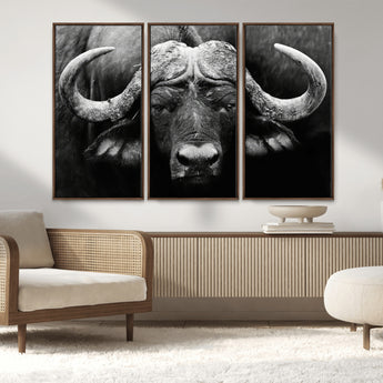 75273-MGV-FC-48X32-3P_Walnut-Buffalo Wall Art – Black and White African Buffalo Canvas Print, Rustic Wildlife Animal Artwork for Farmhouse, Living Room,