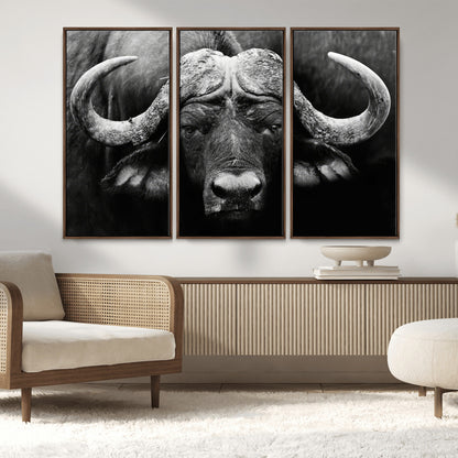 75273-MGV-FC-48X32-3P_Walnut-Buffalo Wall Art – Black and White African Buffalo Canvas Print, Rustic Wildlife Animal Artwork for Farmhouse, Living Room,