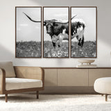 94709-MGV-FC-48X32-3P_Walnut-Texas Longhorn Wall Art – Black and White Bull Photography Canvas Print, Western Farmhouse Wall Decor for Living Room, Office or