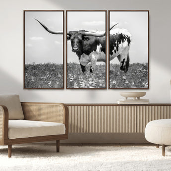 94709-MGV-FC-48X32-3P_Walnut-Texas Longhorn Wall Art – Black and White Bull Photography Canvas Print, Western Farmhouse Wall Decor for Living Room, Office or