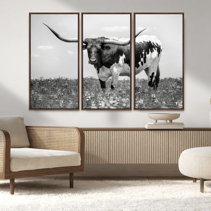 94709-MGV-FC-48X32-3P_Walnut-Texas Longhorn Wall Art – Black and White Bull Photography Canvas Print, Western Farmhouse Wall Decor for Living Room, Office or