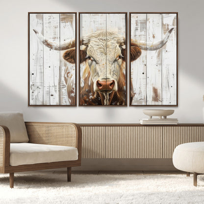 71551-MGV-FC-48X32-3P_Walnut-Longhorn Bull Wall Art – Rustic Western Cow Canvas Print, Farmhouse Animal Painting with Wood Plank Style for Living Room, Office