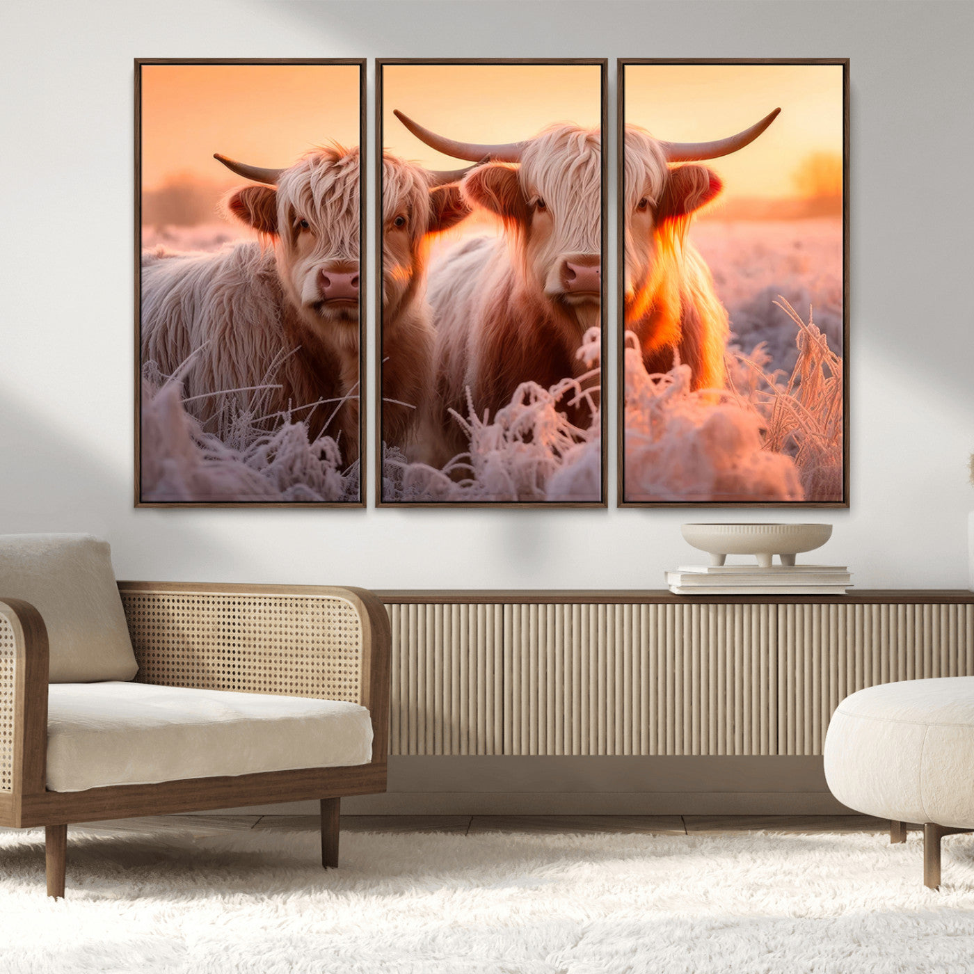 68253-MGV-CV-36X24-Highland Cow Wall Art – Rustic Farmhouse Cattle Canvas Print, Frosty Sunset Animal Artwork for Living Room, Bedroom or Country
