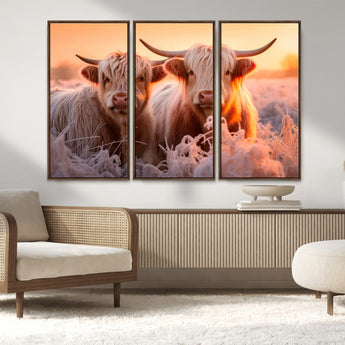 68253-MGV-CV-36X24-Highland Cow Wall Art – Rustic Farmhouse Cattle Canvas Print, Frosty Sunset Animal Artwork for Living Room, Bedroom or Country