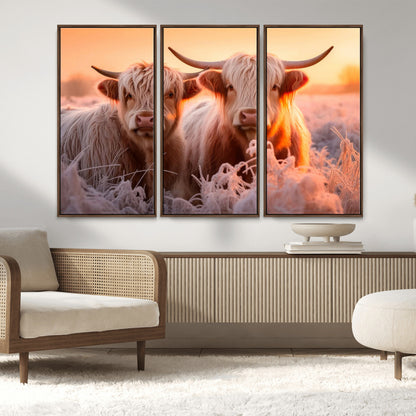 68253-MGV-CV-36X24-Highland Cow Wall Art – Rustic Farmhouse Cattle Canvas Print, Frosty Sunset Animal Artwork for Living Room, Bedroom or Country