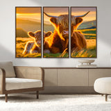 20567-MGV-FC-48X32-3P_Walnut-Highland Cow and Calf Wall Art – Rustic Farmhouse Sunset Cattle Canvas Print, Country Animal Artwork for Living Room, Bedroom, or