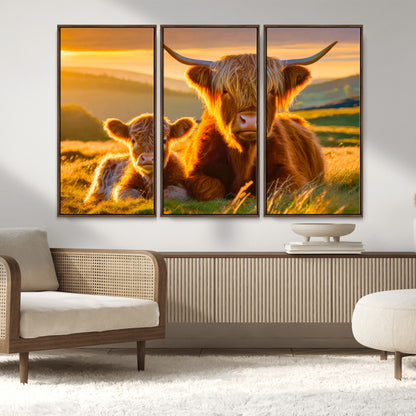 20567-MGV-FC-48X32-3P_Walnut-Highland Cow and Calf Wall Art – Rustic Farmhouse Sunset Cattle Canvas Print, Country Animal Artwork for Living Room, Bedroom, or