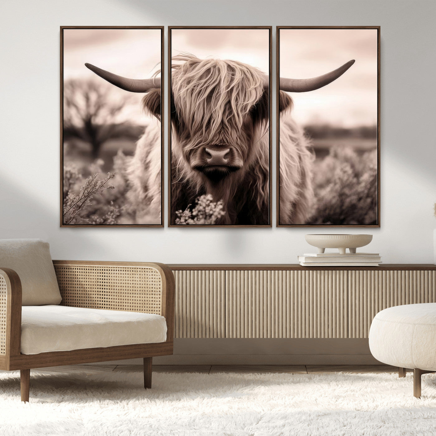 55903-MGV-FC-48X32-3P_Walnut-Highland Cow Wall Art – Rustic Sepia Scottish Highland Bull Canvas Print, Farmhouse Country Animal Decor for Living Room, Bedroom