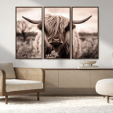 55903-MGV-FC-48X32-3P_Walnut-Highland Cow Wall Art – Rustic Sepia Scottish Highland Bull Canvas Print, Farmhouse Country Animal Decor for Living Room, Bedroom
