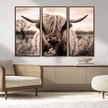 55903-MGV-FC-48X32-3P_Walnut-Highland Cow Wall Art – Rustic Sepia Scottish Highland Bull Canvas Print, Farmhouse Country Animal Decor for Living Room, Bedroom