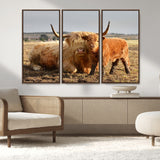 53461-MGV-FC-48X32-3P_Walnut-Highland Cow Family Wall Art – Rustic Farmhouse Animal Canvas Print, Country Decor for Living Room, Bedroom or Office, Calf and