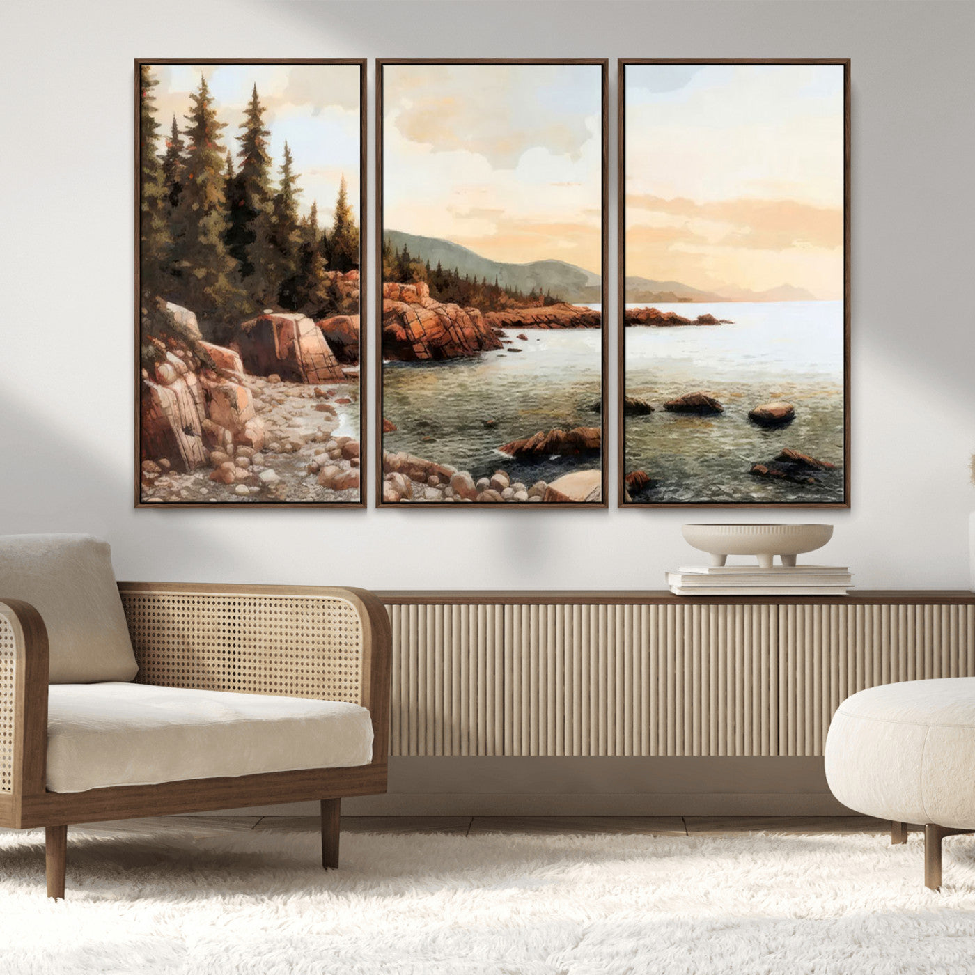 77145-MGV-CV-36X24-Coastal Landscape Wall Art – Panoramic Rocky Shoreline and Pine Trees Canvas Print, Rustic Nature Decor for Cabin, Lodge, Office,
