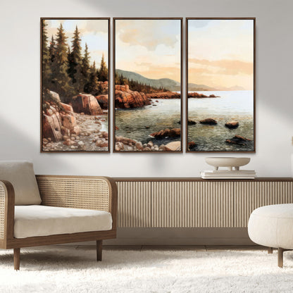 77145-MGV-CV-36X24-Coastal Landscape Wall Art – Panoramic Rocky Shoreline and Pine Trees Canvas Print, Rustic Nature Decor for Cabin, Lodge, Office,