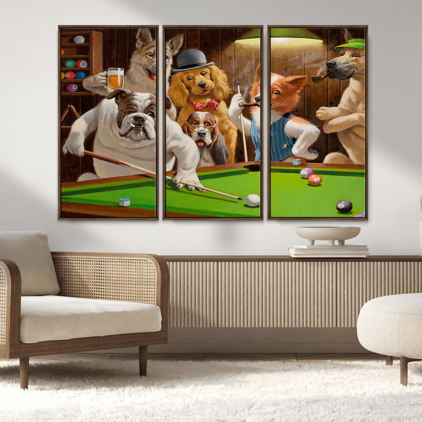 34228-MGV-FC-48X32-3P_Walnut-Dogs Playing Pool Wall Art Canvas Print, Framed Funny Dog Art Picture Print, Dog Perfect Game Room Decor Artwork