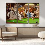 34228-MGV-FC-48X32-3P_Walnut-Dogs Playing Pool Wall Art Canvas Print, Framed Funny Dog Art Picture Print, Dog Perfect Game Room Decor Artwork