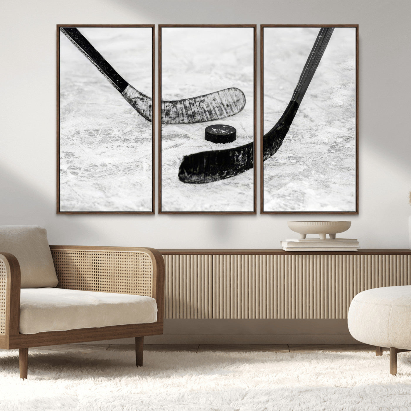 82900-MGV-CV-36X24-Hockey Wall Art – Black and White Canvas Print Ice Rink Sticks Puck Sports Photography, Modern Decor for Game Room, Man Cave,