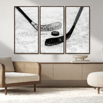 82900-MGV-CV-36X24-Hockey Wall Art – Black and White Canvas Print Ice Rink Sticks Puck Sports Photography, Modern Decor for Game Room, Man Cave,