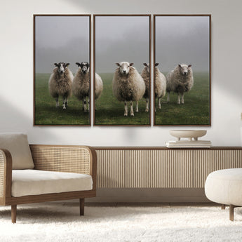 87339-MGV-CV-36X24-Sheep Wall Art – Rustic Farmhouse Canvas Print Flock Standing Misty Field Countryside Photography, Country Animal Decor for Living