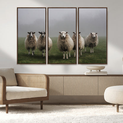 87339-MGV-CV-36X24-Sheep Wall Art – Rustic Farmhouse Canvas Print Flock Standing Misty Field Countryside Photography, Country Animal Decor for Living